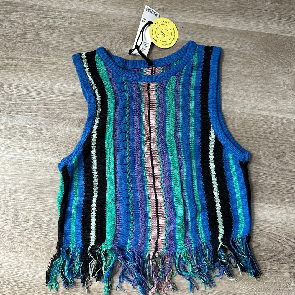 urban outfitters knit blue NWT cropped tank chewed hem tassels small women's